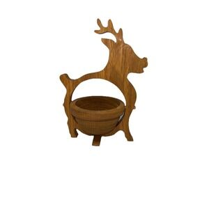 Vintage Reindeer Hand Carved Oak Collapsible Basket